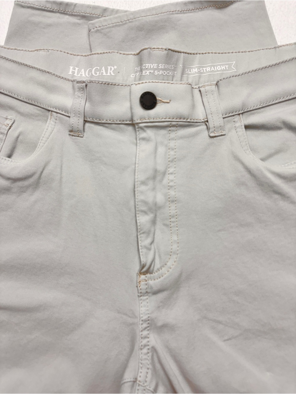 Haggar City Flex Pants Mens 38x32 Tan 5 Pocket Slim Straight Stretch Chino